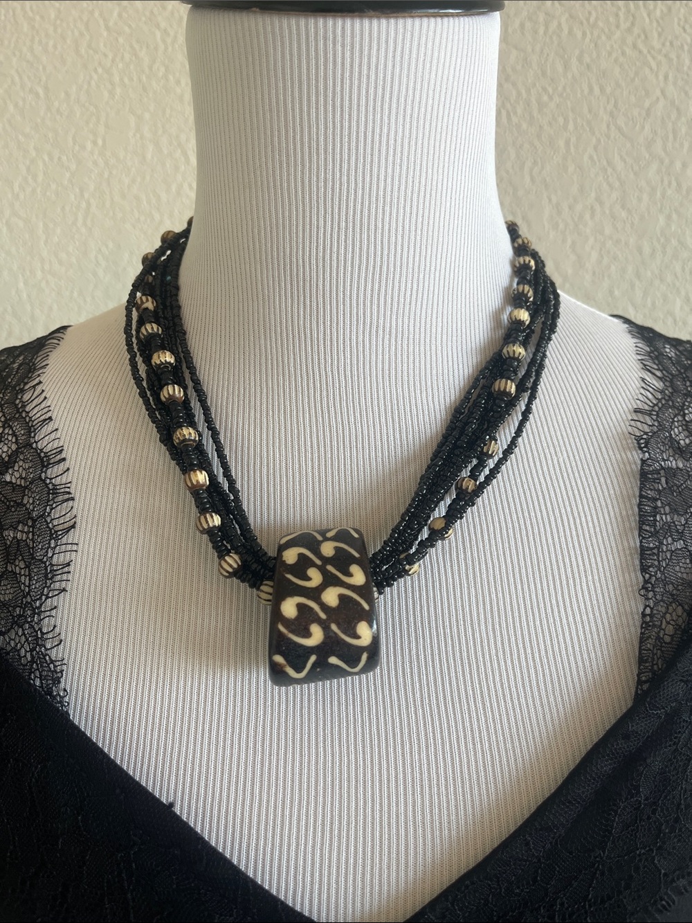 Black and Gold Beaded African Tribal Style Statement Necklace with Carved Pendan